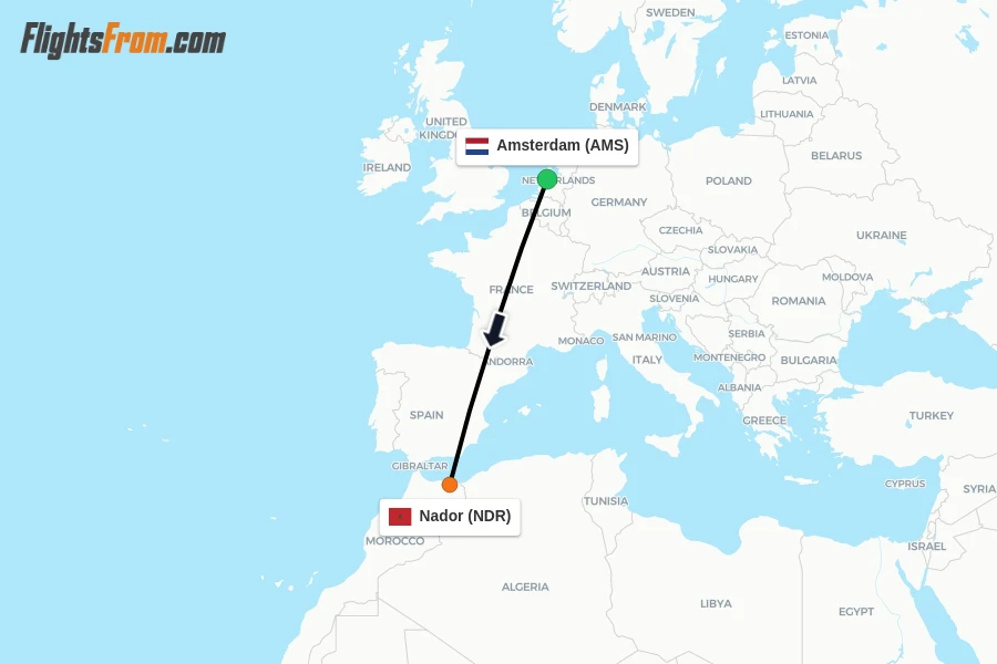 Flights from Amsterdam to Nador route map