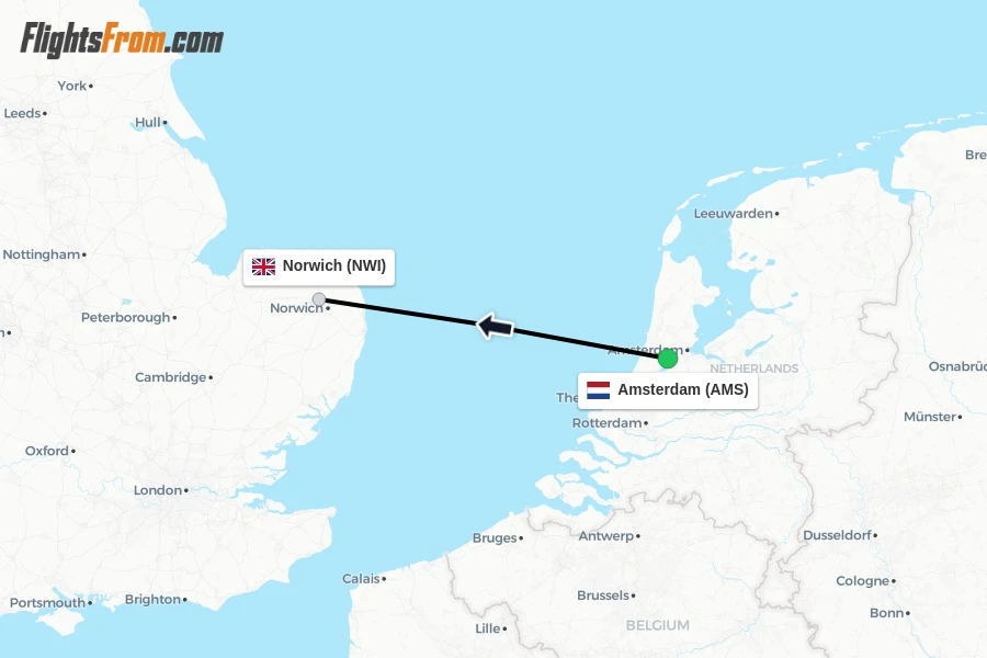 Flights from Amsterdam to Norwich route map