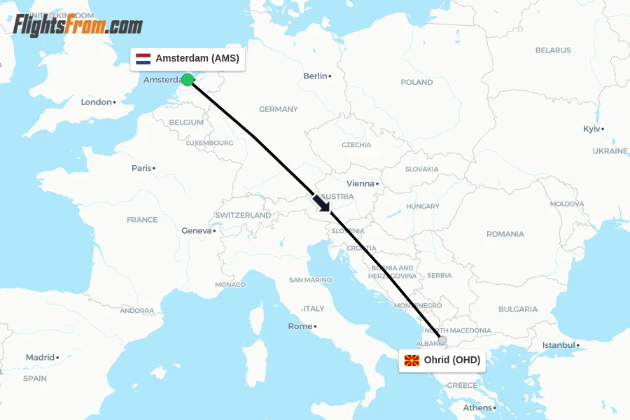 Flights from Amsterdam to Ohrid route map