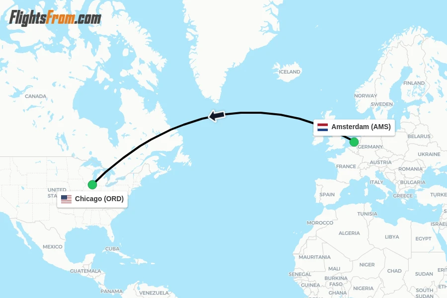 Flights from Amsterdam to Chicago route map
