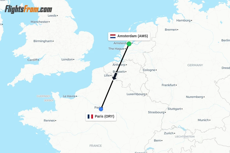 Flights from Amsterdam to Paris route map