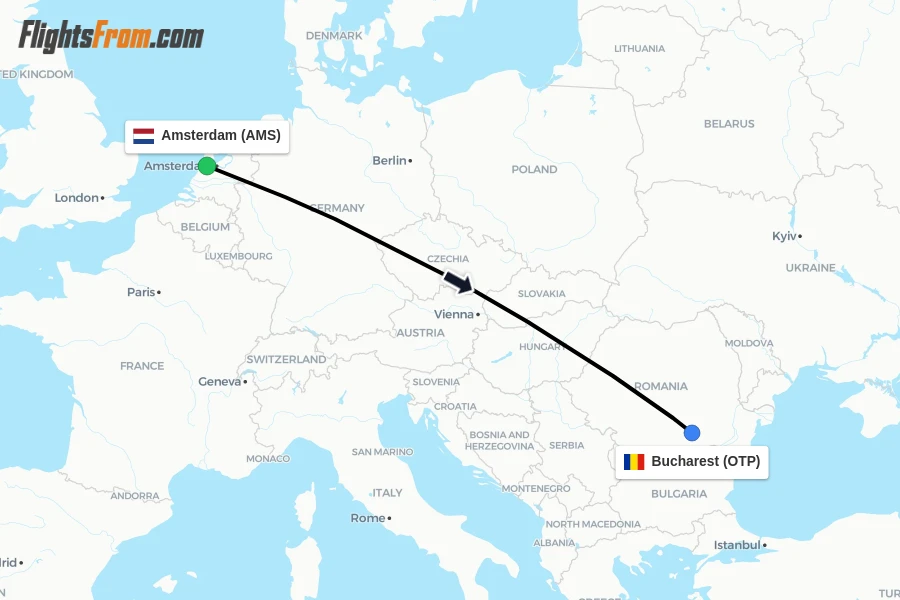 Flights from Amsterdam to Bucharest route map