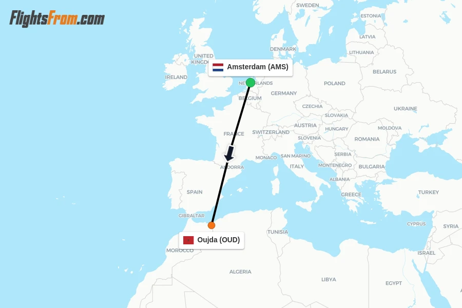 Flights from Amsterdam to Oujda route map