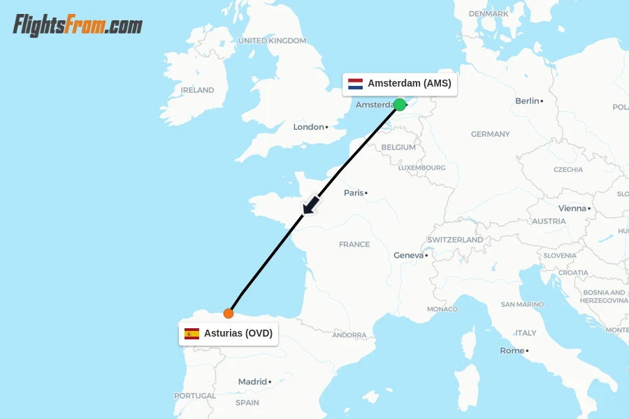 Flights from Amsterdam to Asturias route map