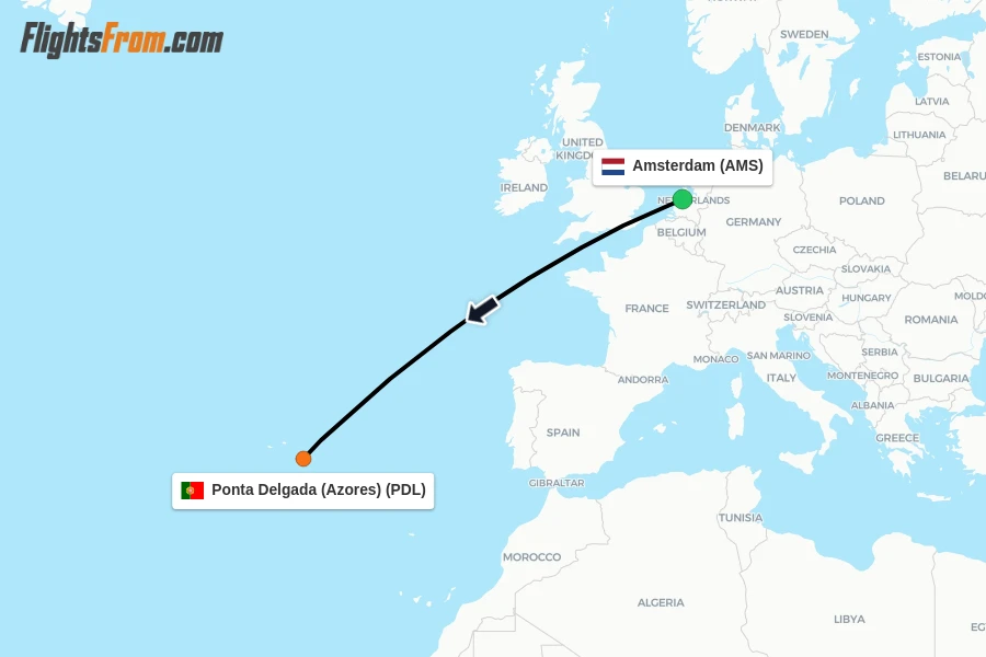 Flights from Amsterdam to Ponta Delgada (Azores) route map