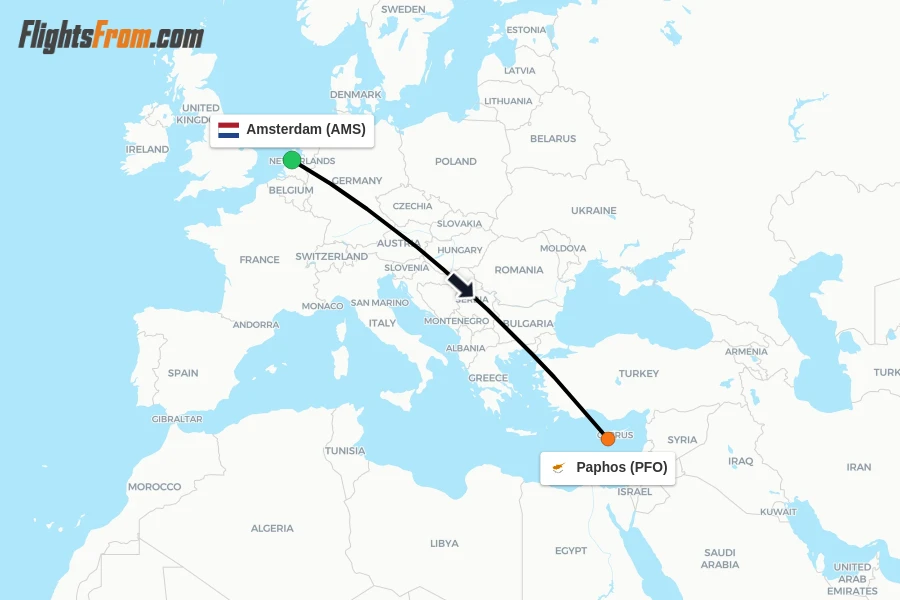 Flights from Amsterdam to Paphos route map