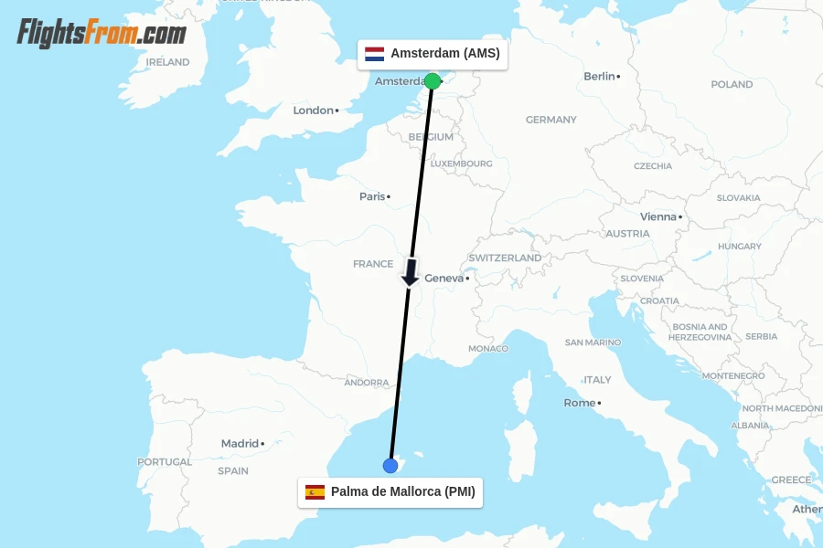 Flights from Amsterdam to Palma de Mallorca route map