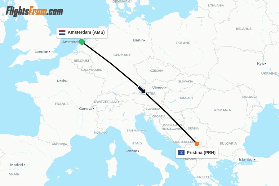 Flights from Amsterdam to Pristina route map