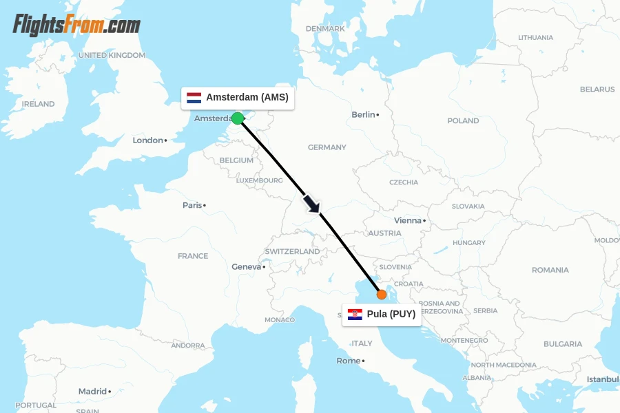 Flights from Amsterdam to Pula route map