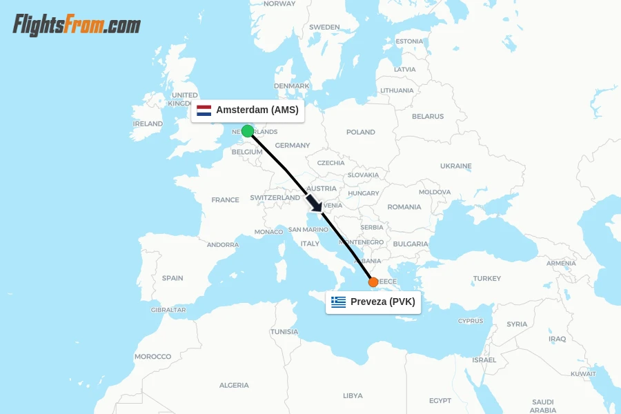 Flights from Amsterdam to Preveza route map