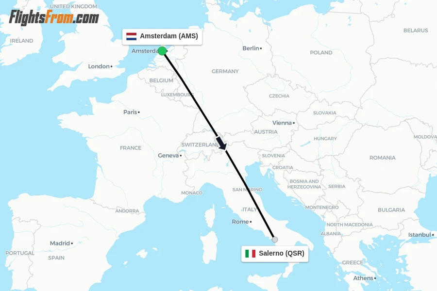 Flights from Amsterdam to Salerno route map