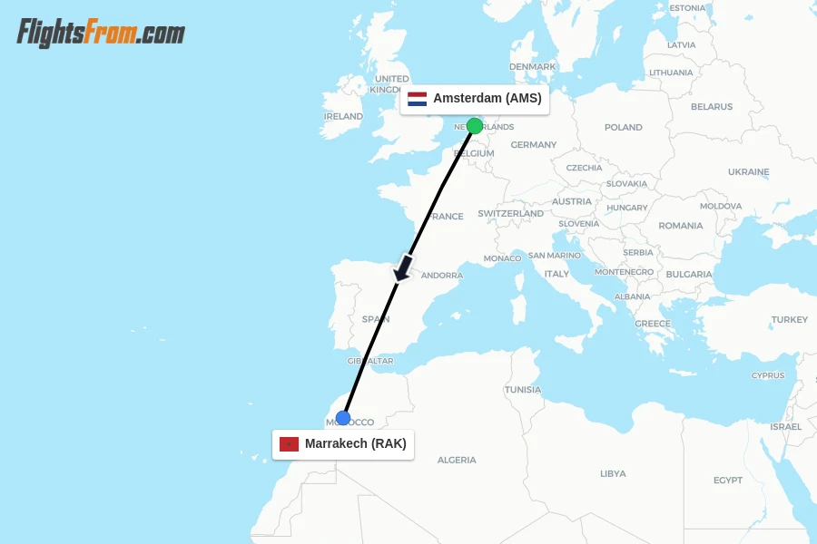 Flights from Amsterdam to Marrakech route map