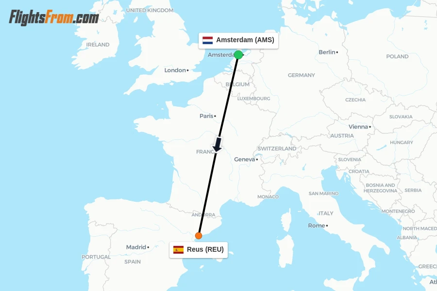 Flights from Amsterdam to Reus route map