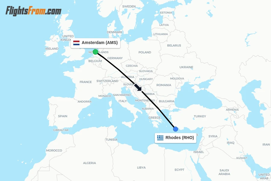 Flights from Amsterdam to Rhodes route map