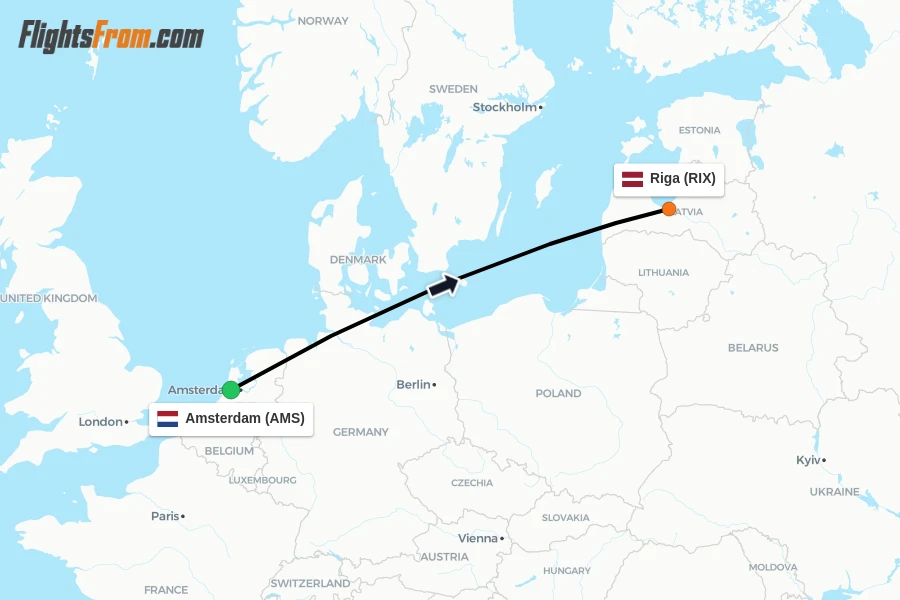 Flights from Amsterdam to Riga route map
