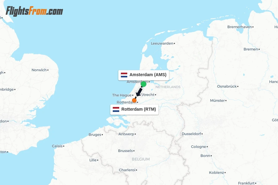 Flights from Amsterdam to Rotterdam route map