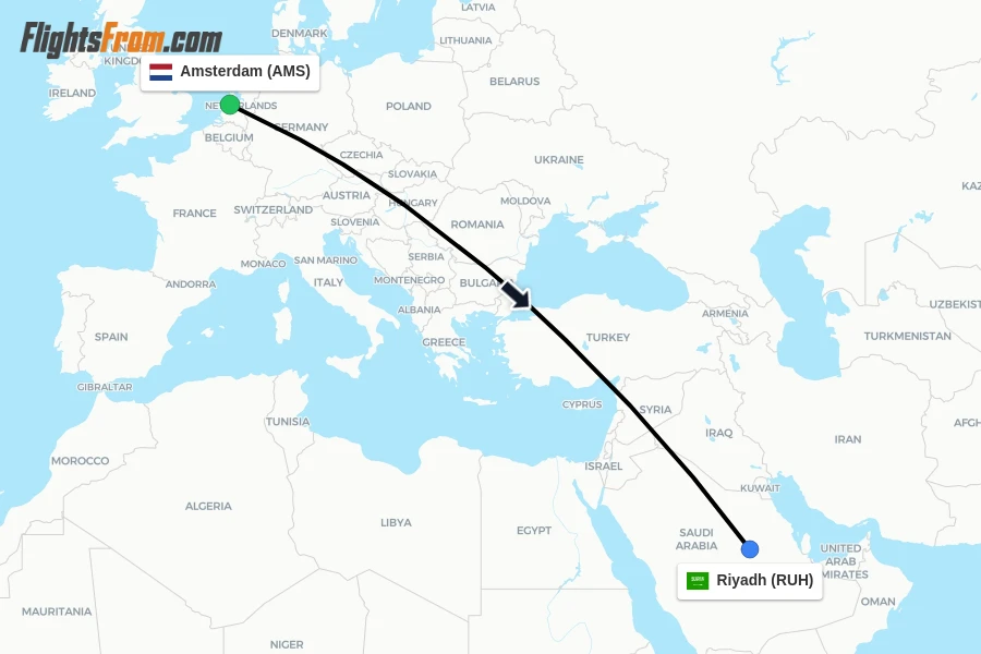 Flights from Amsterdam to Riyadh route map