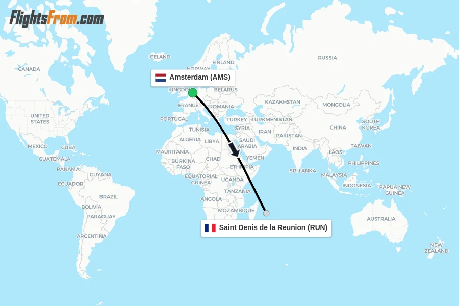 Flights from Amsterdam to Saint Denis de la Reunion route map