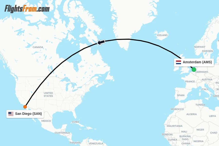 Flights from Amsterdam to San Diego route map