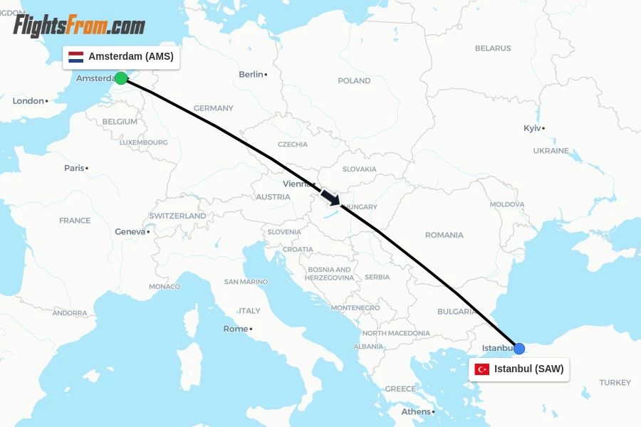 Flights from Amsterdam to Istanbul route map