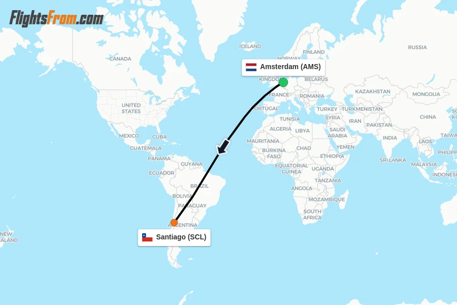 Flights from Amsterdam to Santiago route map