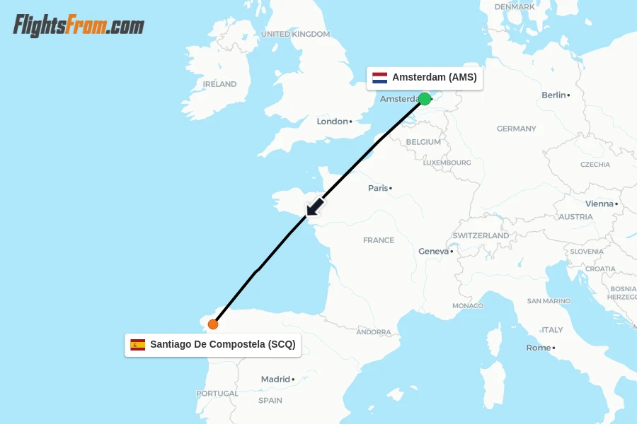 Flights from Amsterdam to Santiago De Compostela route map
