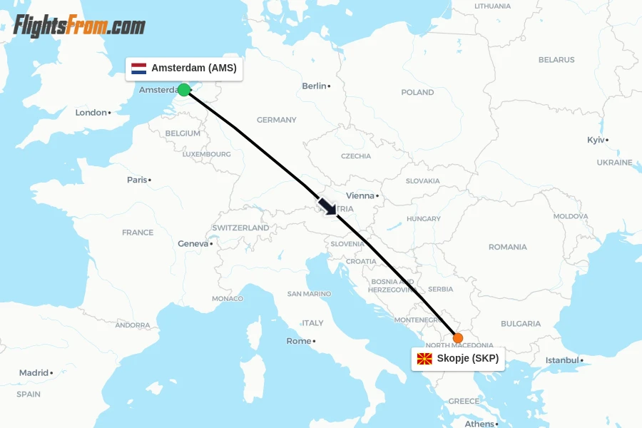 Flights from Amsterdam to Skopje route map