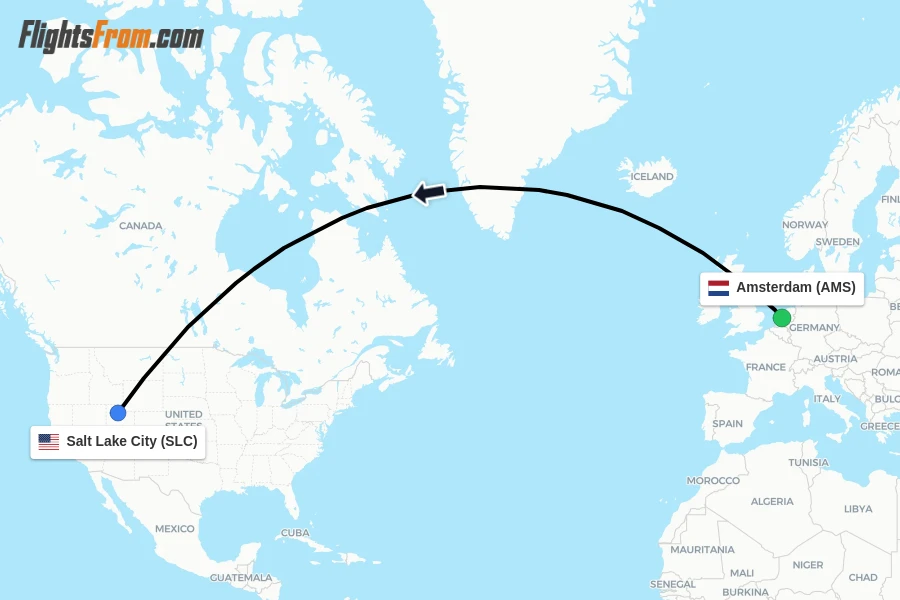 Flights from Amsterdam to Salt Lake City route map