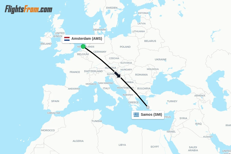 Flights from Amsterdam to Samos route map