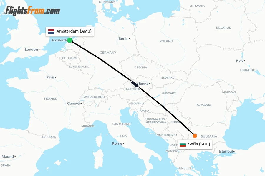 Flights from Amsterdam to Sofia route map