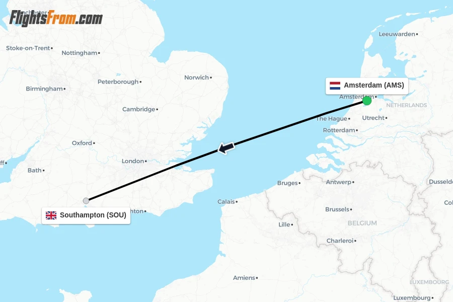 Flights from Amsterdam to Southampton route map