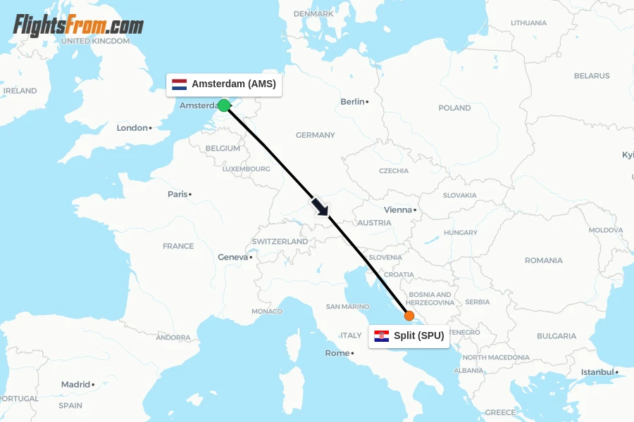 Flights from Amsterdam to Split route map