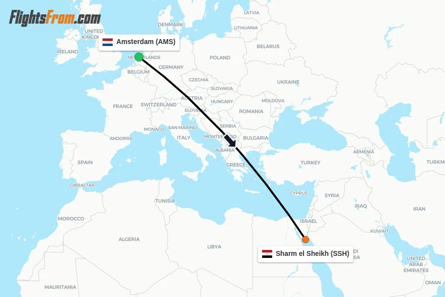 Flights from Amsterdam to Sharm el Sheikh route map