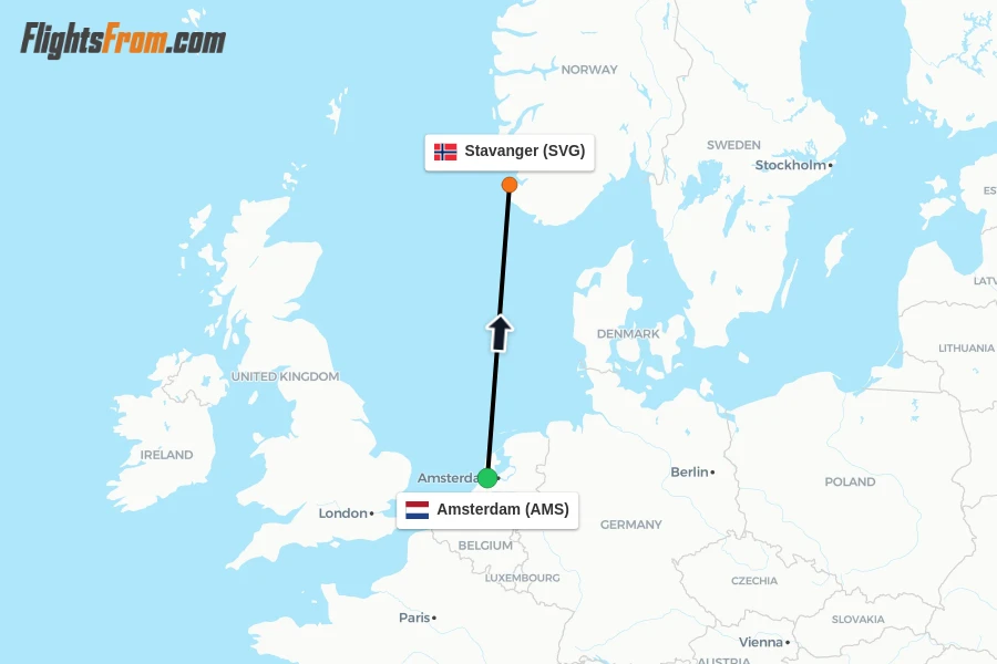 Flights from Amsterdam to Stavanger route map