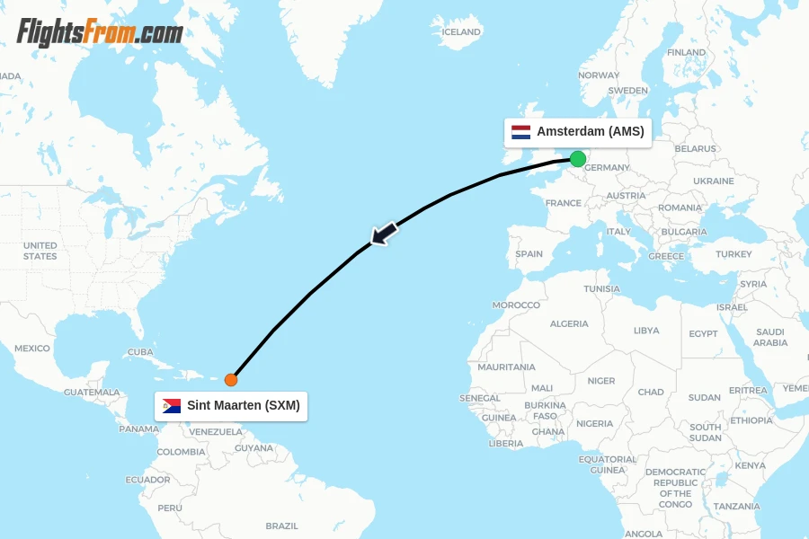 Flights from Amsterdam to Sint Maarten route map