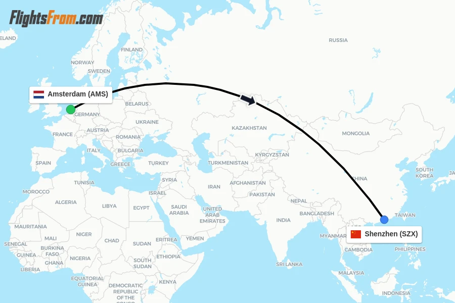 Flights from Amsterdam to Shenzhen route map