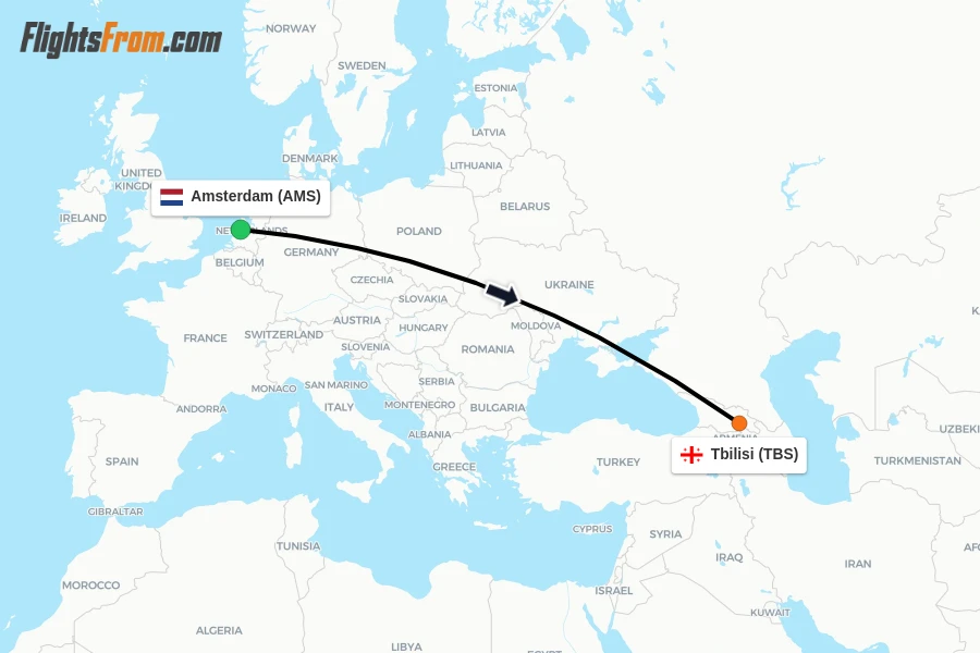 Flights from Amsterdam to Tbilisi route map