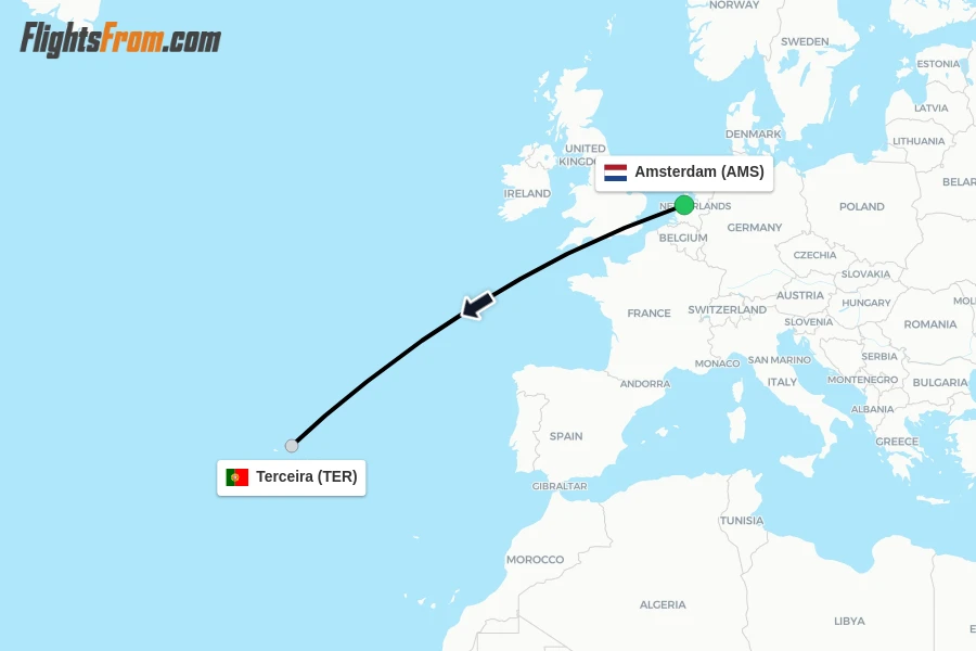 Flights from Amsterdam to Terceira route map