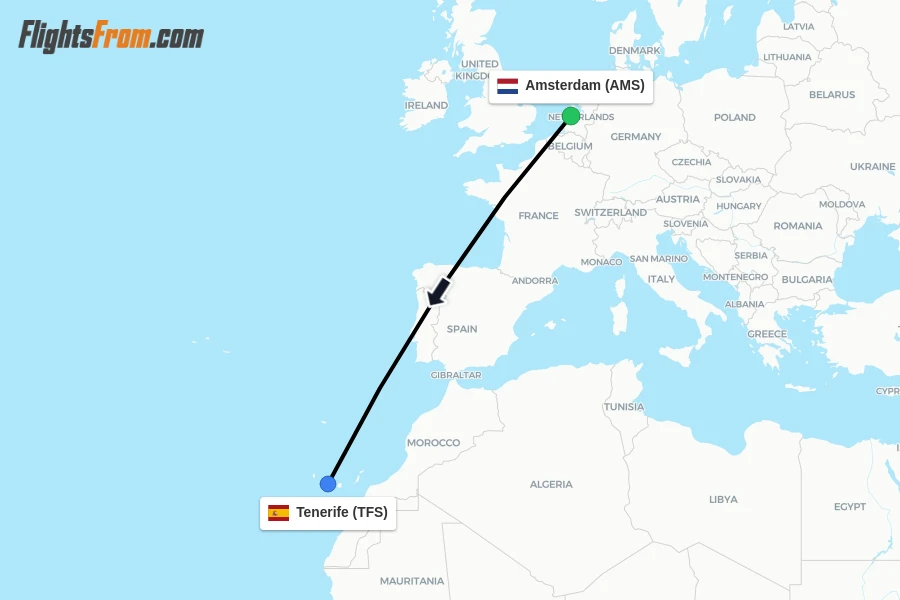 Flights from Amsterdam to Tenerife route map