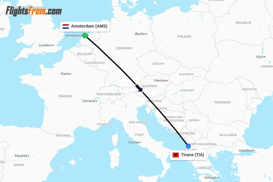 Flights from Amsterdam to Tirana route map