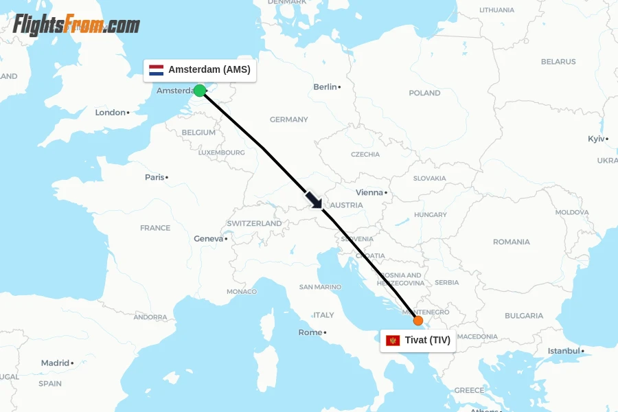 Flights from Amsterdam to Tivat route map