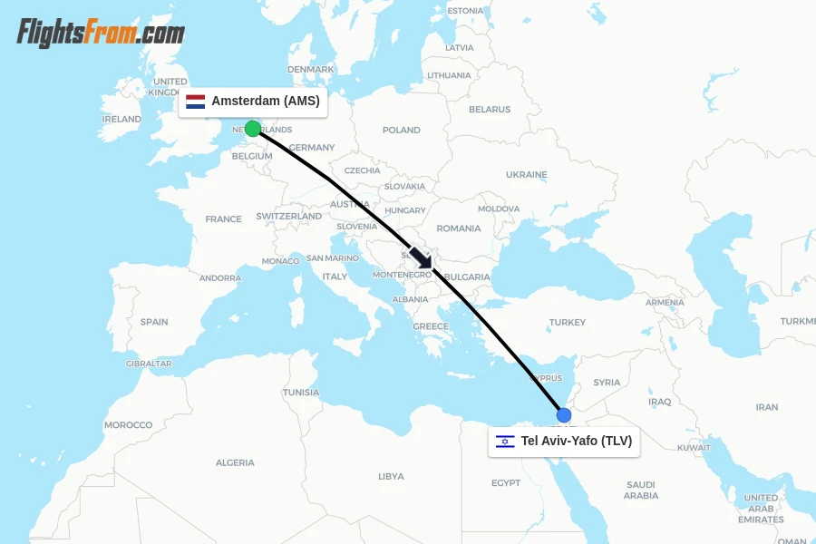 Flights from Amsterdam to Tel Aviv-Yafo route map