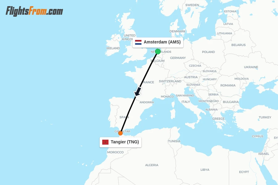 Flights from Amsterdam to Tangier route map