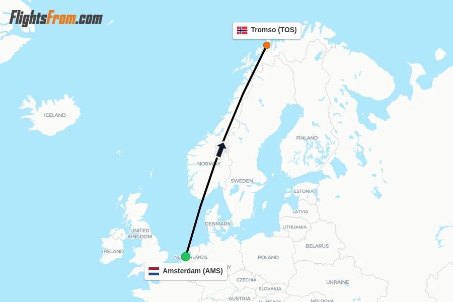 Flights from Amsterdam to Tromso route map