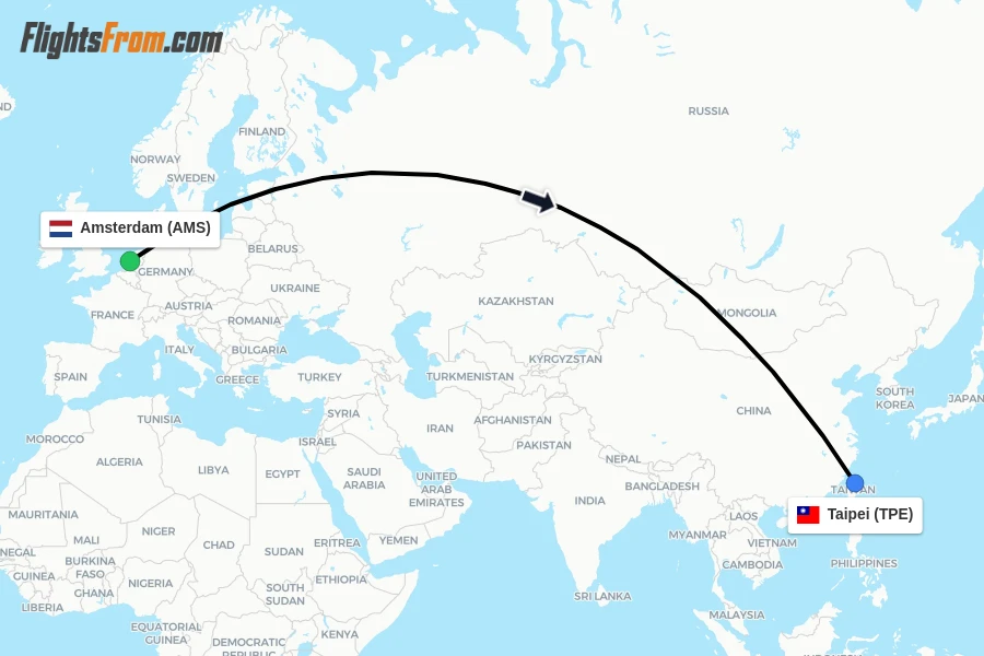 Flights from Amsterdam to Taipei route map