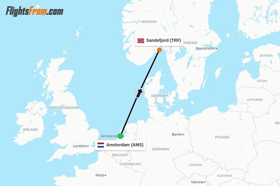 Flights from Amsterdam to Sandefjord route map