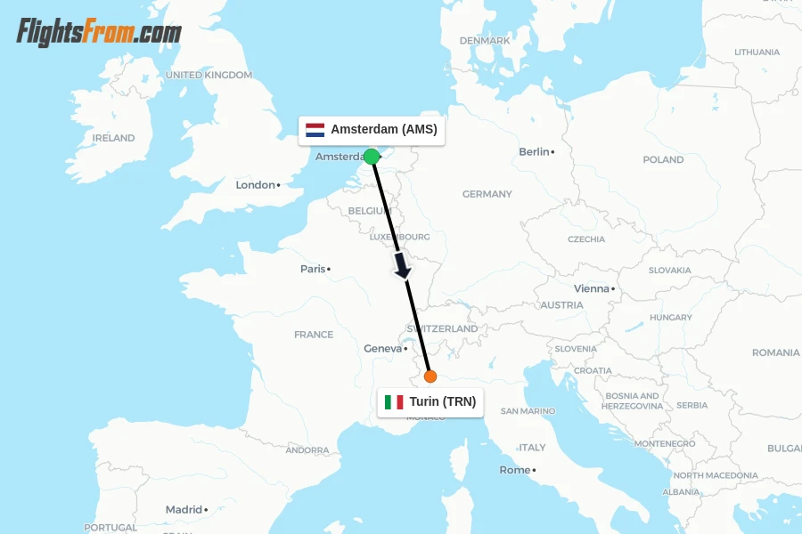 Flights from Amsterdam to Turin route map