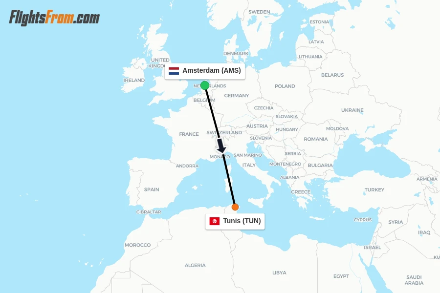 Flights from Amsterdam to Tunis route map