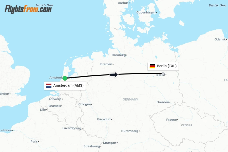 Flights from Amsterdam to Berlin route map