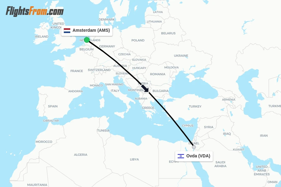 Flights from Amsterdam to Ovda route map